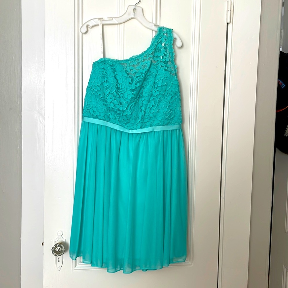 David’s Bridal one shoulder light teal dress